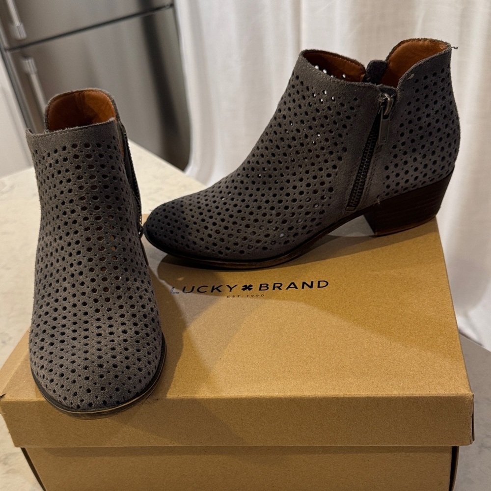 Lucky Brand Perforated Charcoal Ankle Booties